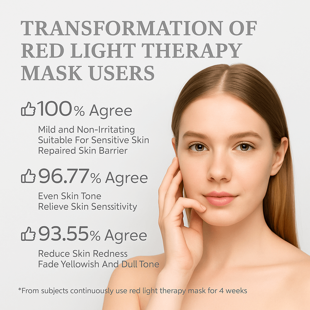 Woman with glowing skin next to text about red light therapy mask benefits