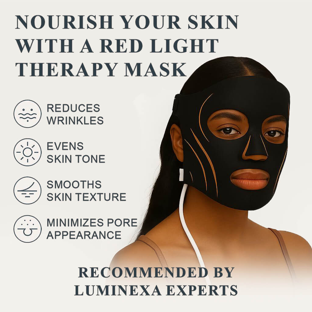 LumiLift Pro Face - LuminexaWoman wearing a red light therapy mask with text highlighting benefits and brand recommendation.