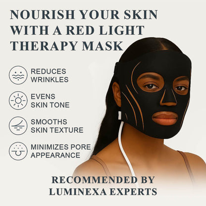LumiLift Pro Face - LuminexaWoman wearing a red light therapy mask with text highlighting benefits and brand recommendation.