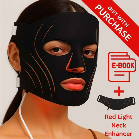 Black neck and face mask with promotional text for a gift set including an e-book and red light neck enhancer.